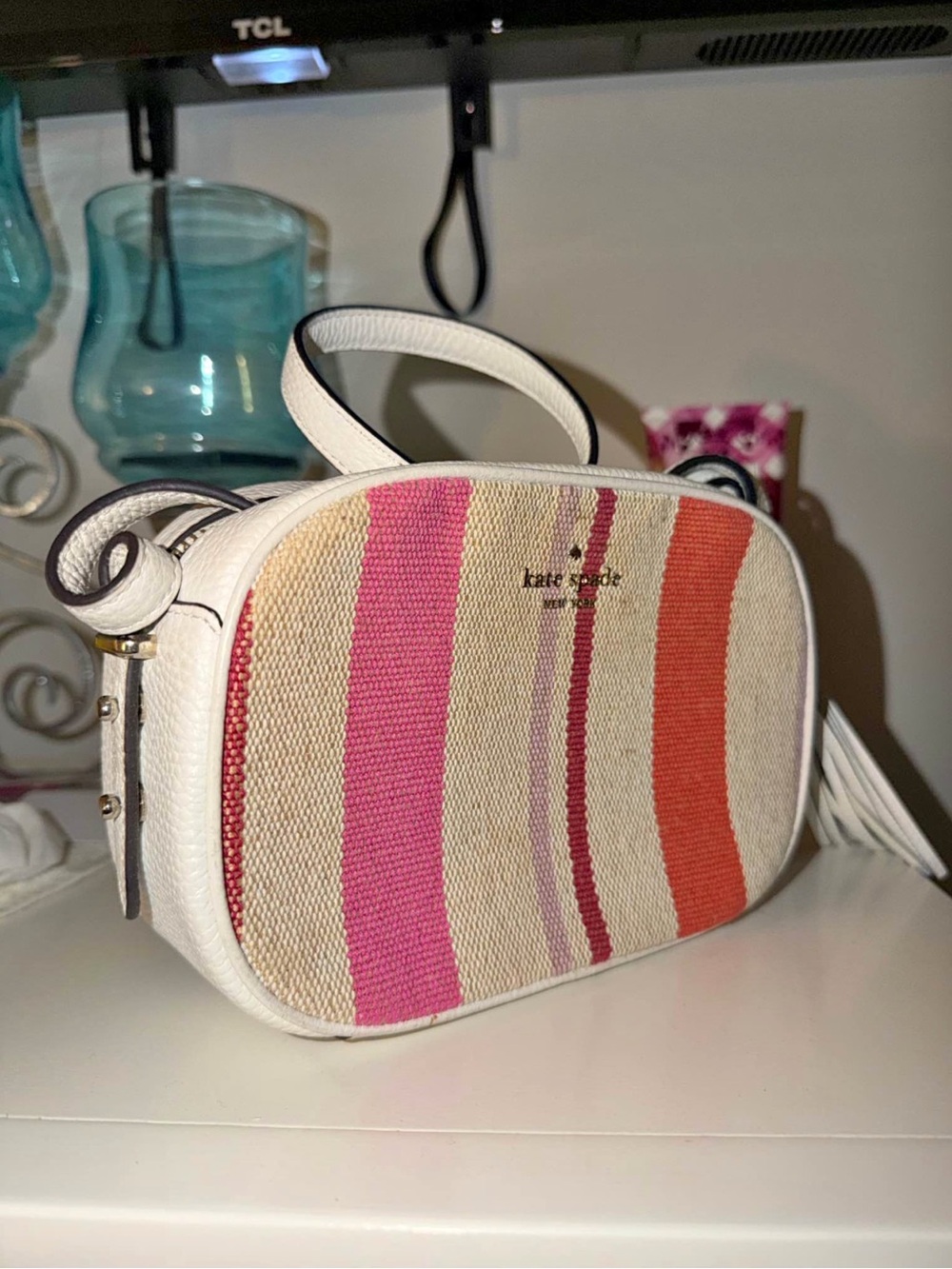 kate spade White Crossbody Bag with Pink & Orange Stripes
